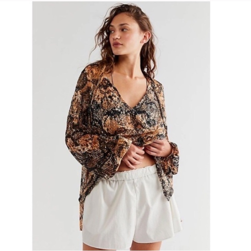 Free People Small Out For the Night Blouse in Snake Combo -Sheer Versatile Top